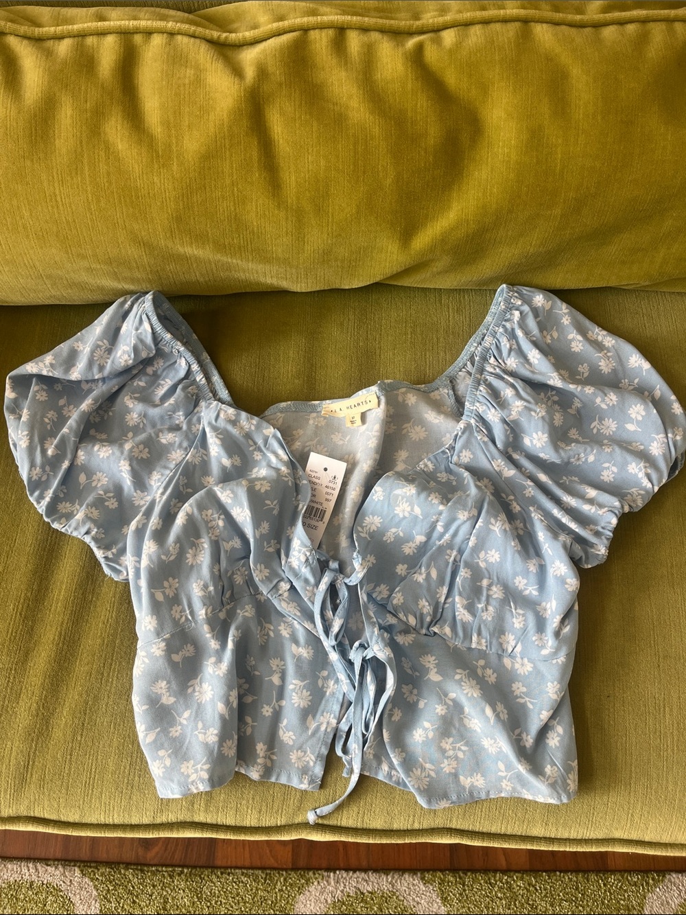 PacSun Light Blue Floral Lace-Up Puff Sleeve Crop Top